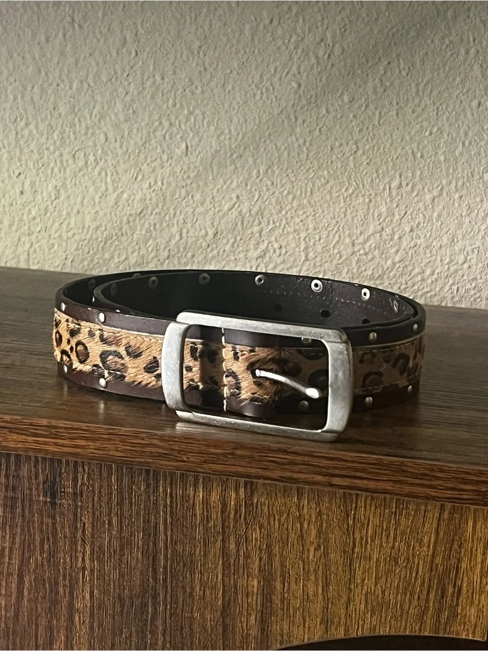 Leopard Print Studded Leather Belt - Brown